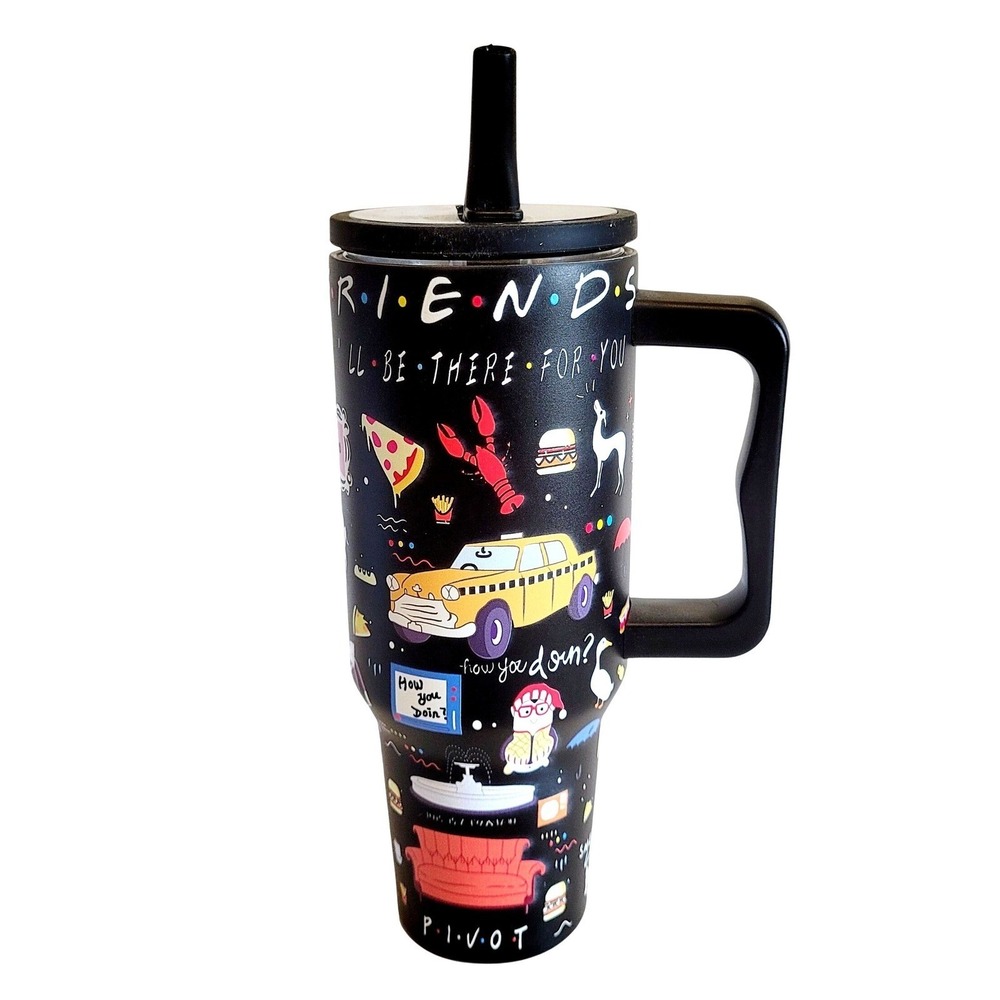 Friends 40oz Insulated Stainless Steel Travel Tumbler Mug Lid Handle Straw Icons
